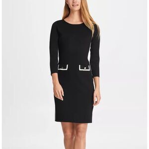 DKNY Sheath Sweater Dress with Slimming Stripe and False Pockets Size Large